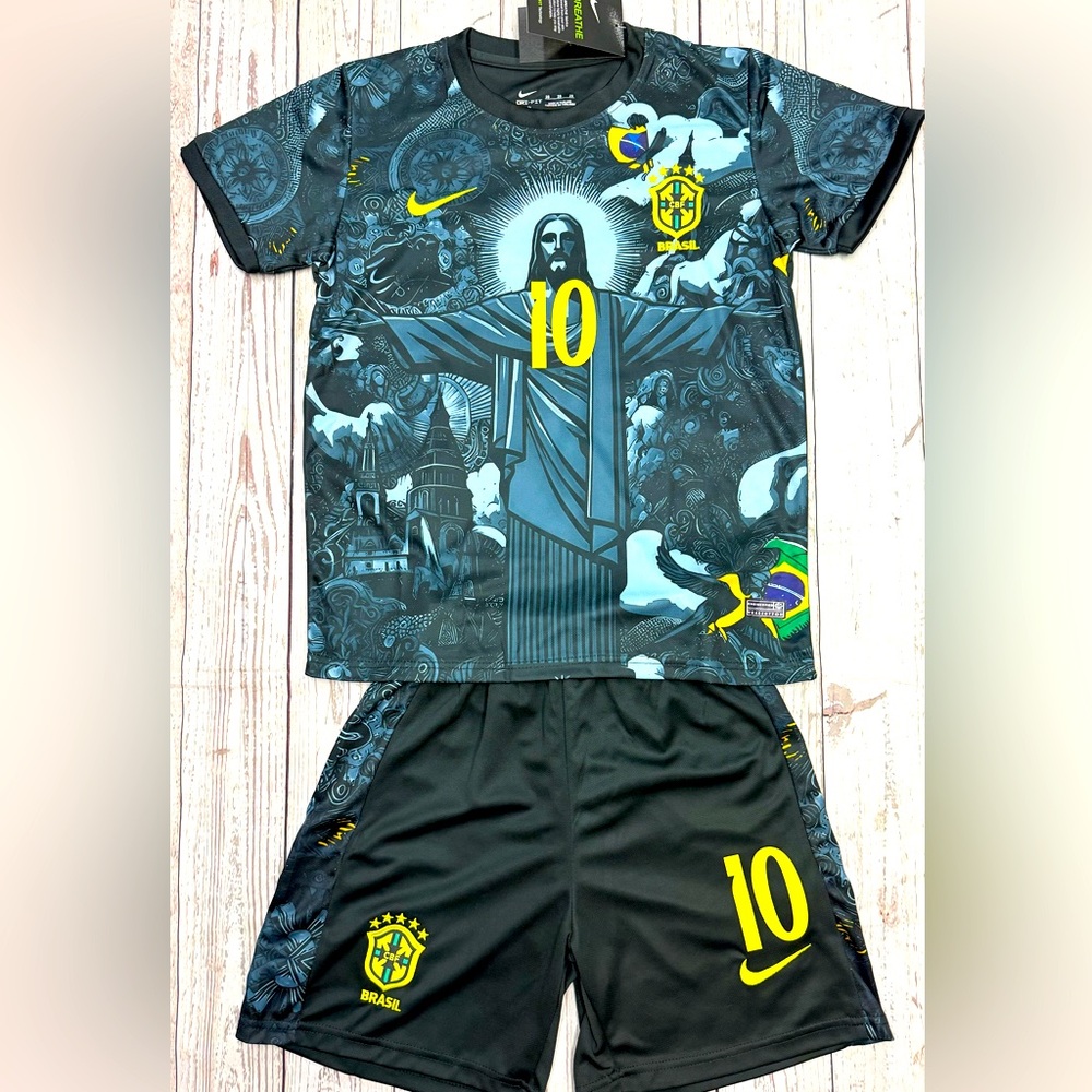 Youth Neymar Jr Jersey Retro Kit (Jersey + Shorts) Set Brazil Legends (LARGE)
